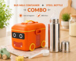 Sprout Kidz Stainless Steel Baby Feeding Bottle BPA-Free Silicone Nipple - Silver & Bus Milk Powder Container