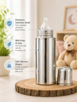 Sprout Kidz Stainless Steel Baby Feeding Bottle with BPA-Free Silicone Nipple & Dinosaur Milk Powder Container BPA-Free - Image 2