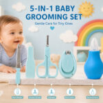 Sprout Kidz 4 in 1 Baby Grooming Set Nail Scissors, Clipper, File & Tweezers with Baby Nose Cleaner BPA-Free Complete Hygiene Combo - Light Blue