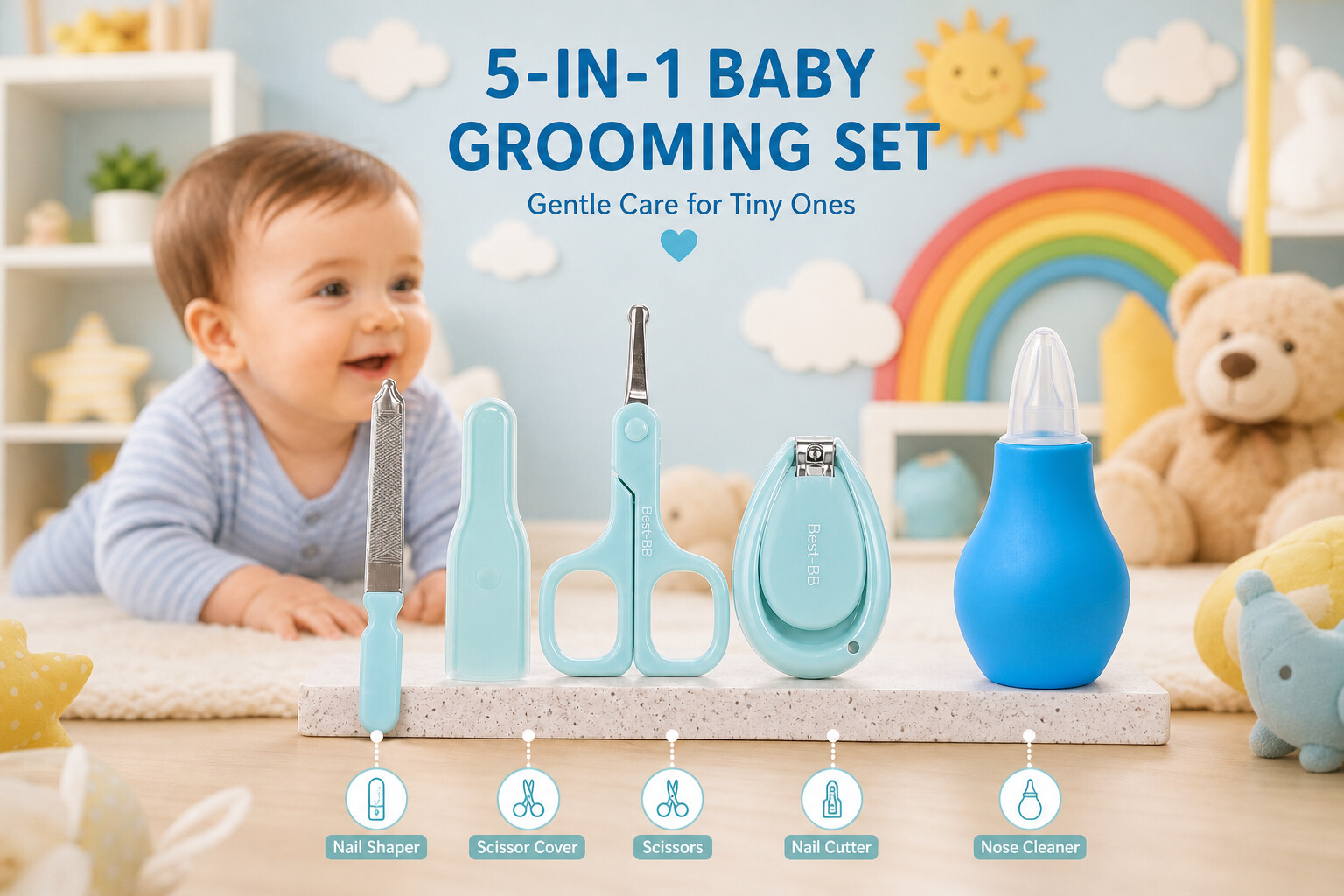 22607085a (1) Sprout Kidz 4 in 1 Baby Grooming Set Nail Scissors, Clipper, File & Tweezers with Baby Nose Cleaner BPA-Free Complete Hygiene Combo - Light Blue - Image 1