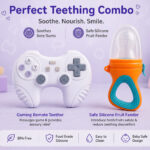 Sprout Kidz Gaming Remote Teether & LoveL Fruit Feeder Blue Orange Combo BPA-Free Silicone
