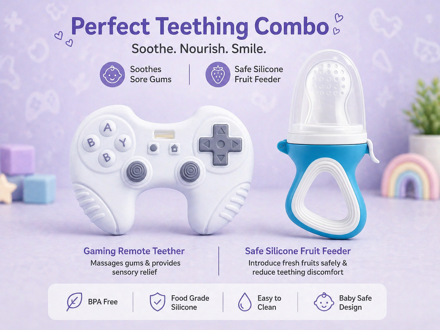 22607148a Sprout Kidz Gaming Remote Teether & LoveL Fruit Feeder Blue White Combo BPA-Free Silicone - Image 1