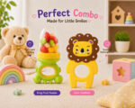 Sprout Kidz Lion Teether & Frog Fruit Feeder Green Yellow Combo BPA-Free Silicone