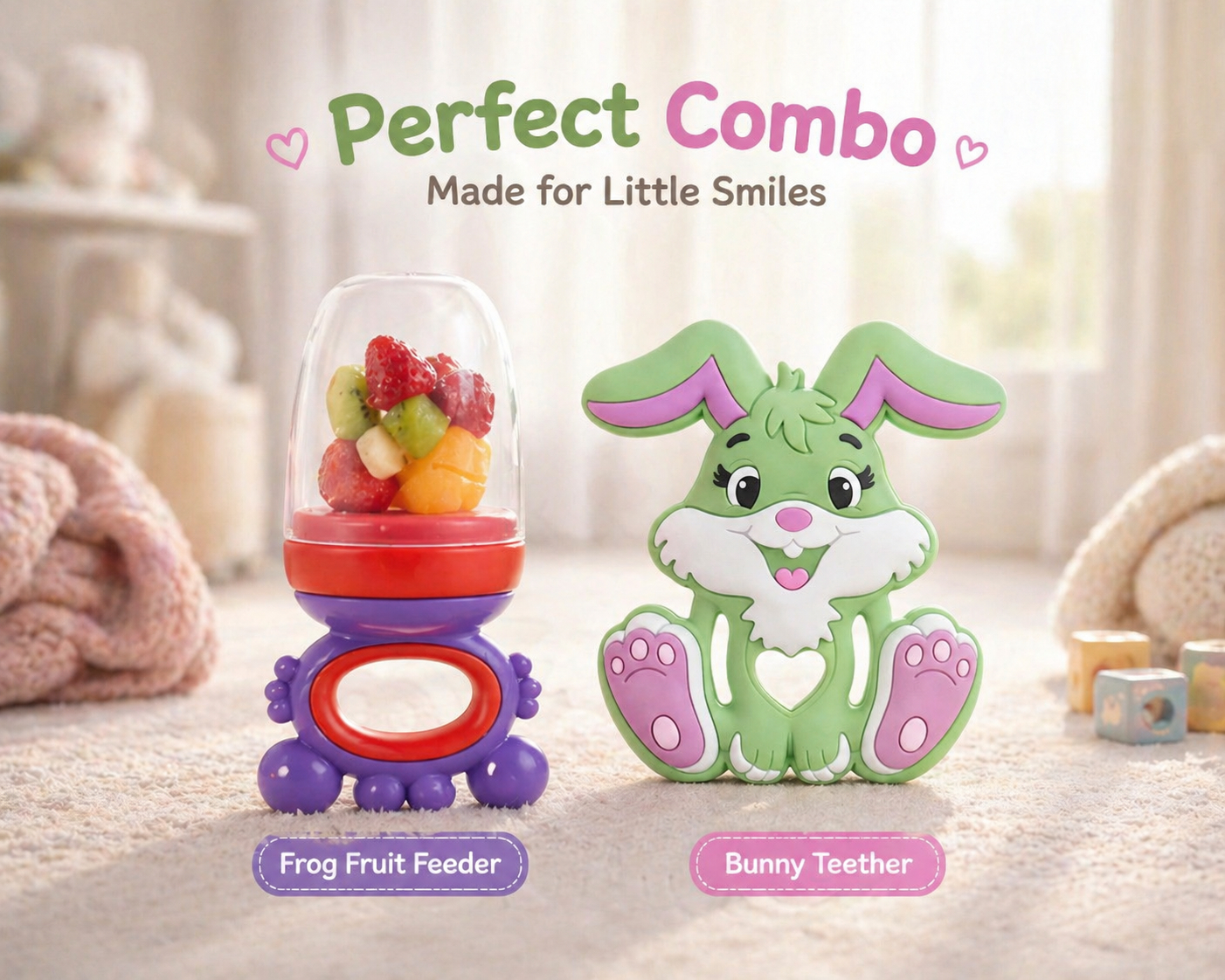 22607169a Sprout Kidz Bunny Teether & Frog Fruit Feeder Purple Red Combo BPA-Free Silicone - Image 1