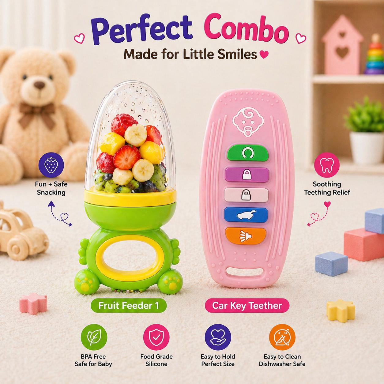 22607199a Sprout Kidz Car Key Teether & Frog Fruit Feeder Green Yellow Combo BPA-Free Silicone - Image 1