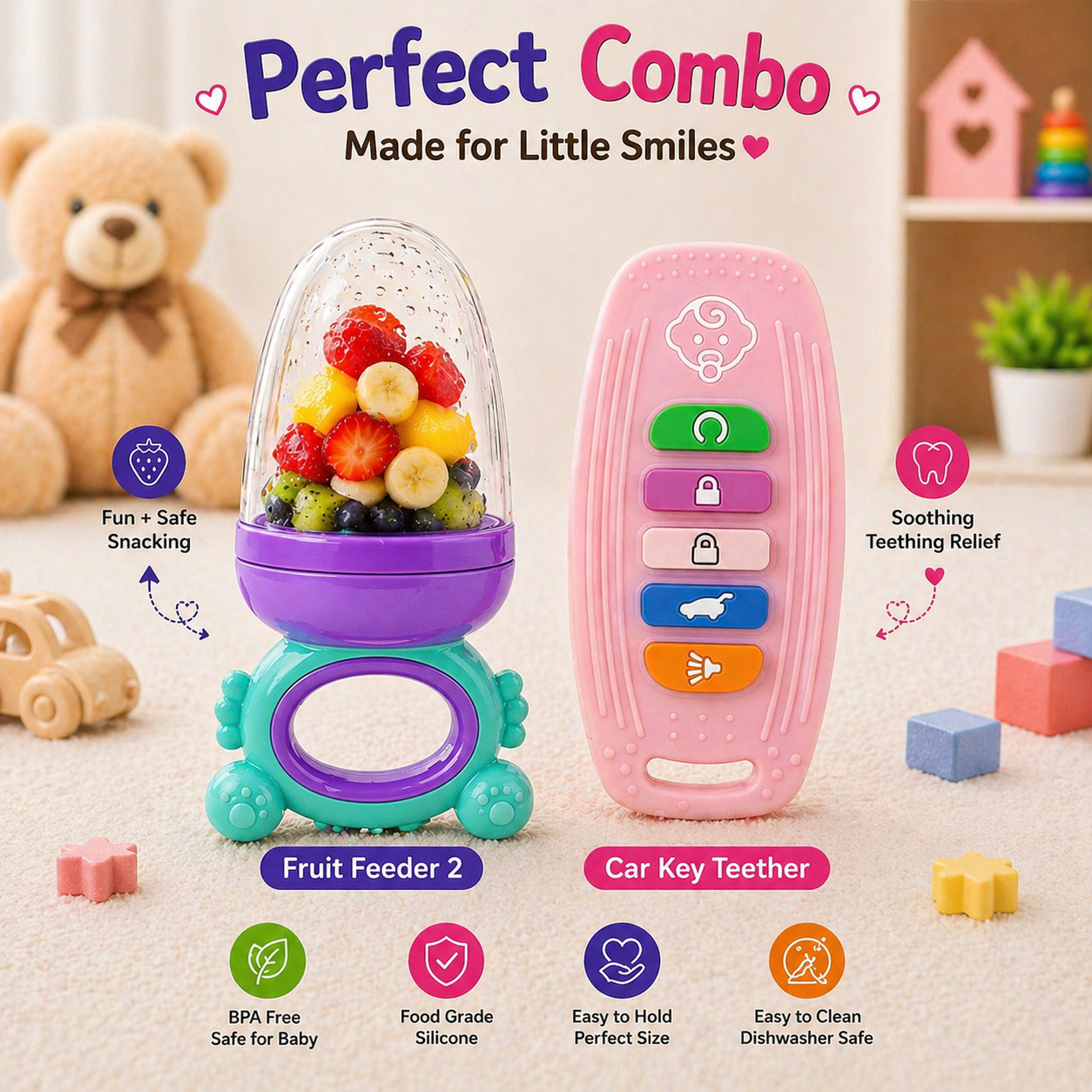 22607203a Sprout Kidz Car Key Teether & Frog Fruit Feeder Purple Teal Combo BPA-Free Silicone - Image 1