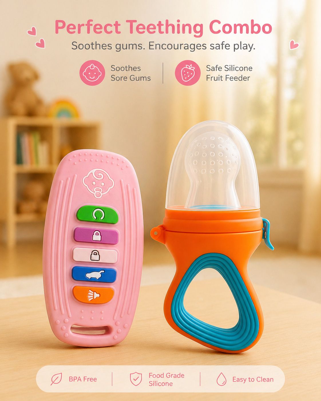 22607211a Sprout Kidz Car Key Teether & LoveL Fruit Feeder Blue Orange Combo BPA-Free Silicone - Image 1