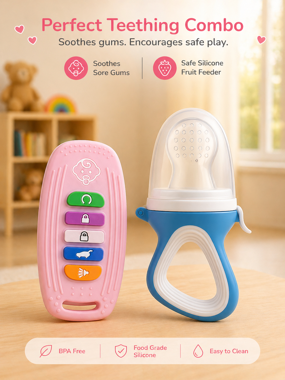 22607215a Sprout Kidz Car Key Teether & LoveL Fruit Feeder Blue White Combo BPA-Free Silicone - Image 1