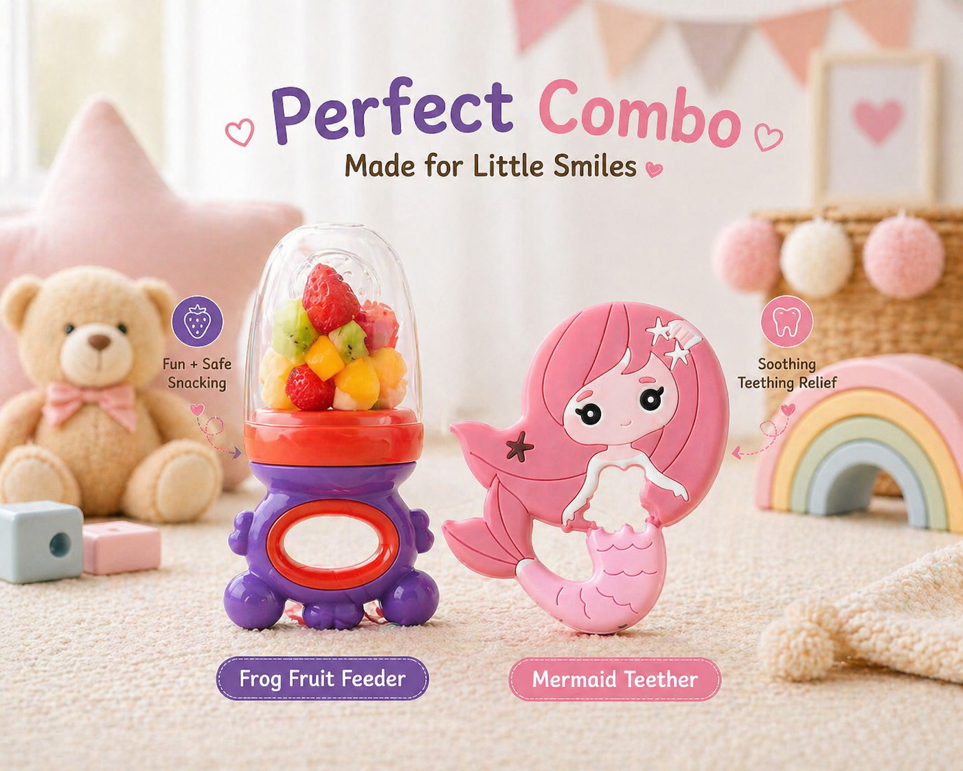 22607221a Sprout Kidz Mermaid Teether & Frog Fruit Feeder Purple Red Combo BPA-Free Silicone - Image 1