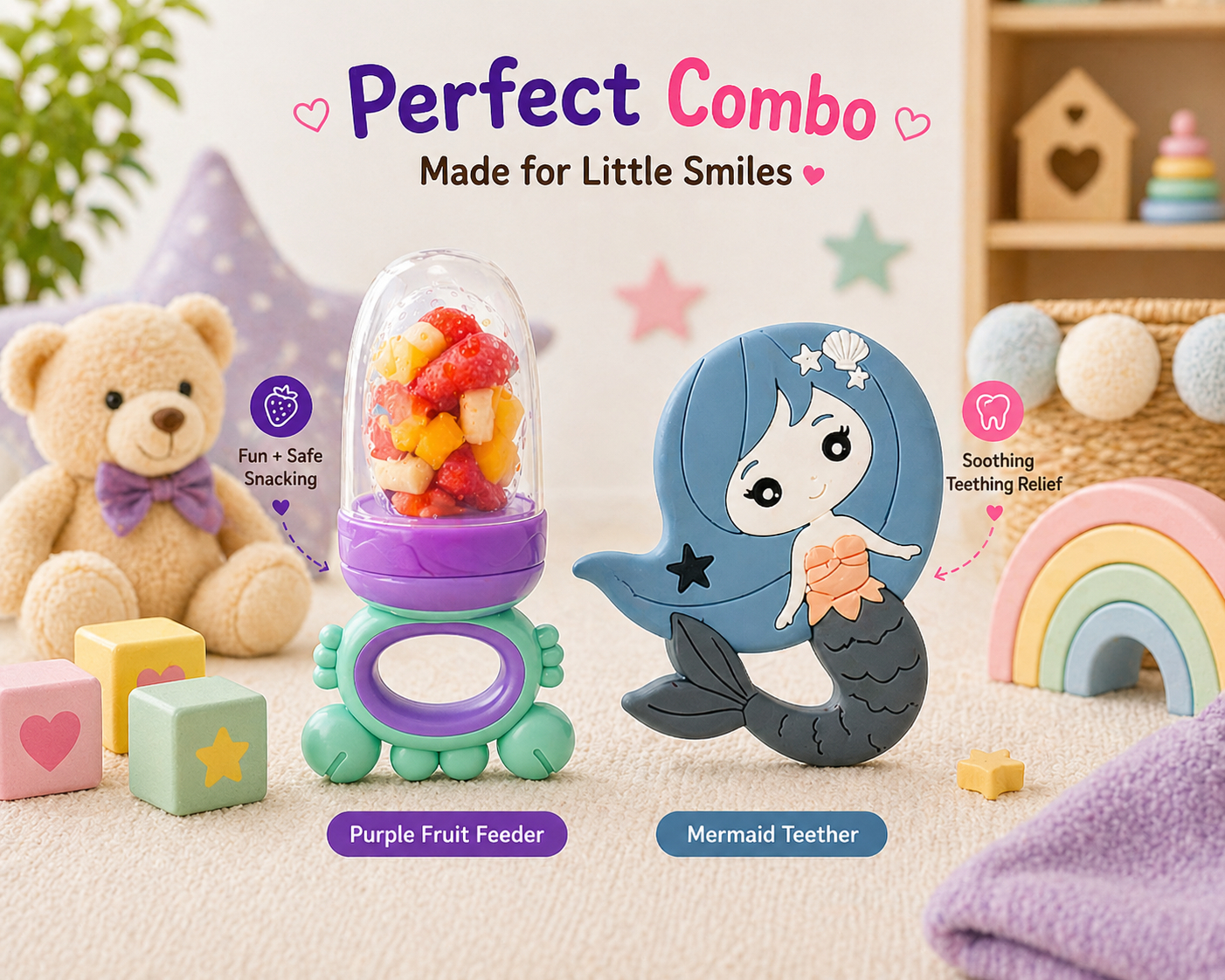 22607226a Sprout Kidz Mermaid Teether & Frog Fruit Feeder Purple Teal Combo BPA-Free Silicone - Image 1