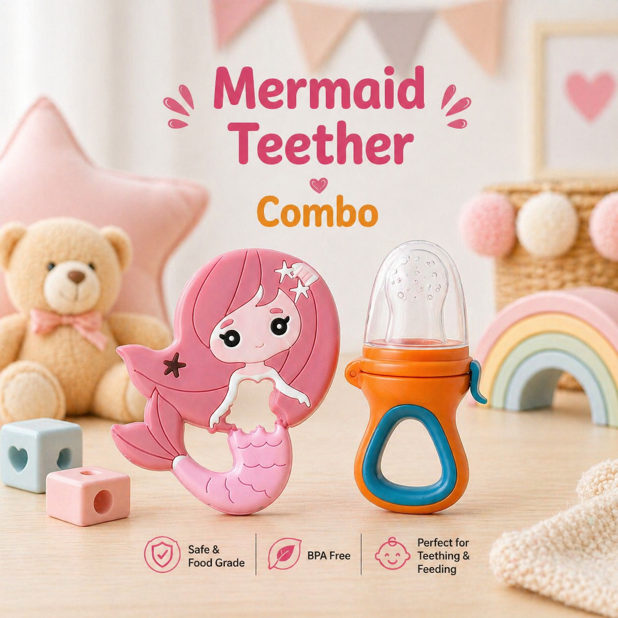 22607229a Sprout Kidz Mermaid Teether & LoveL Fruit Feeder Blue Orange Combo BPA-Free Silicone - Image 1