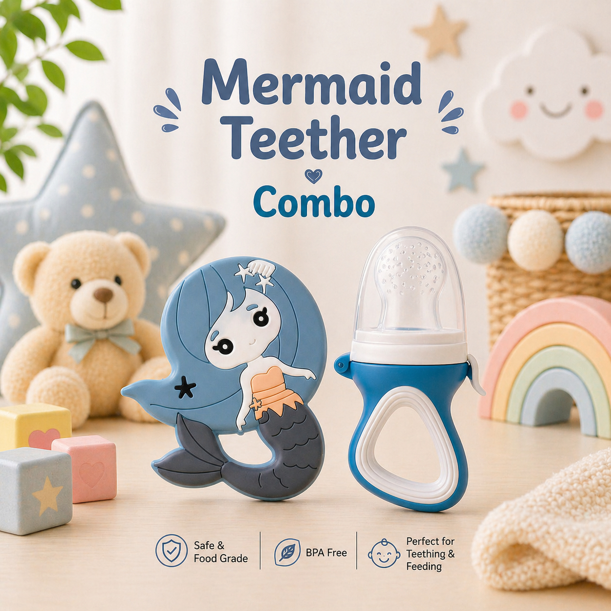 22607232a Sprout Kidz Mermaid Teether & LoveL Fruit Feeder Blue White Combo BPA-Free Silicone - Image 1