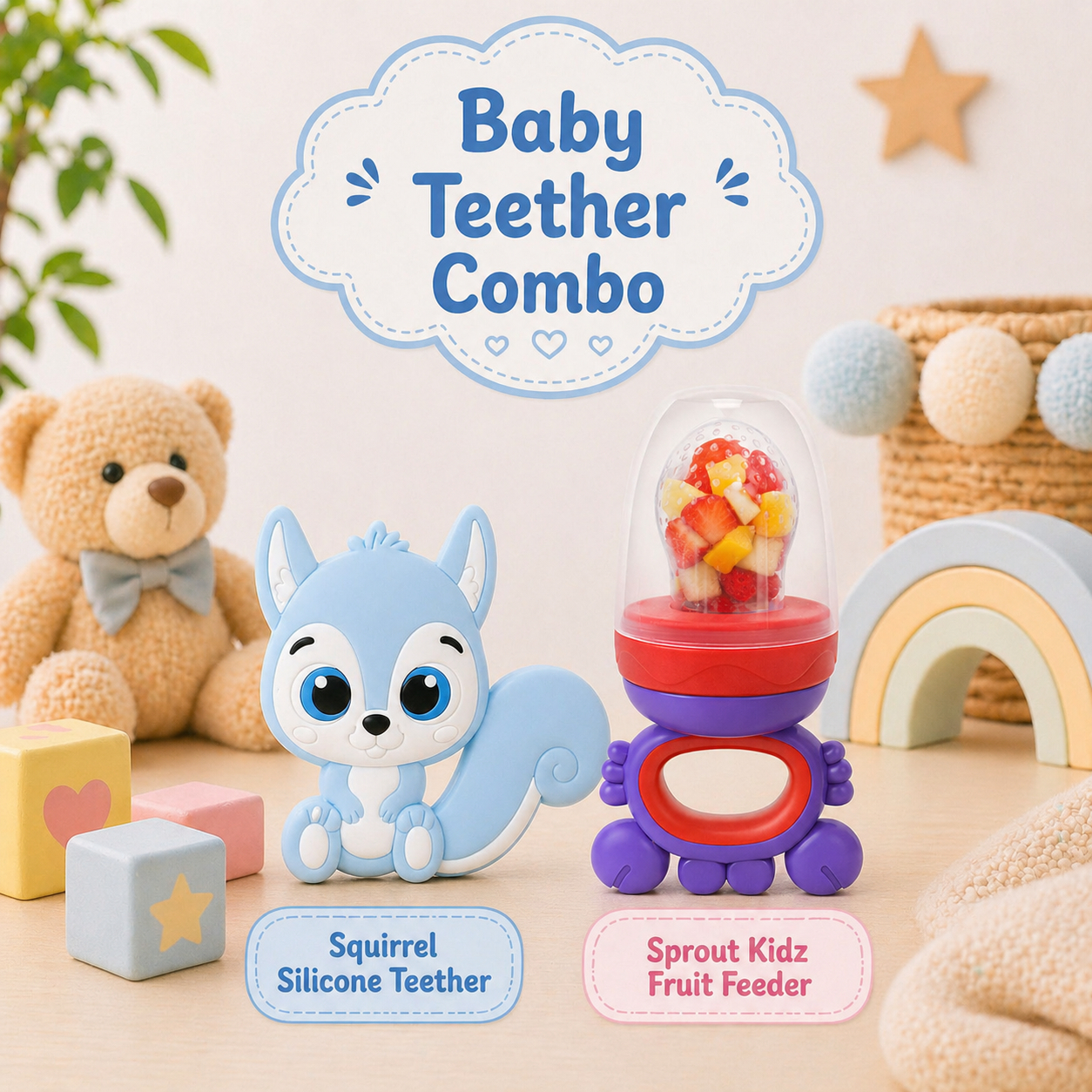 22607237a Sprout Kidz Squirrel Teether & Frog Fruit Feeder Purple Red Combo BPA-Free Silicone - Image 1