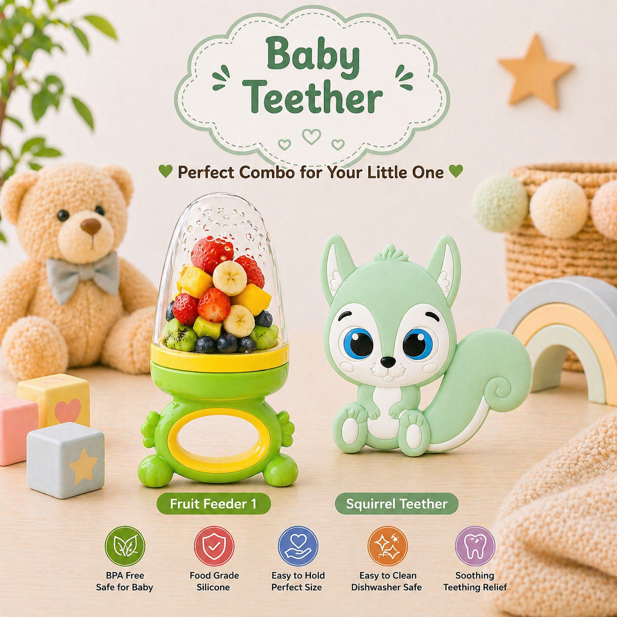 22607241a Sprout Kidz Squirrel Teether & Frog Fruit Feeder Green Yellow Combo BPA-Free Silicone - Image 1