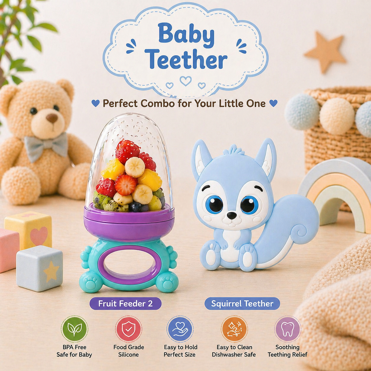 22607243a Sprout Kidz Squirrel Teether & Frog Fruit Feeder Purple Teal Combo BPA-Free Silicone - Image 1