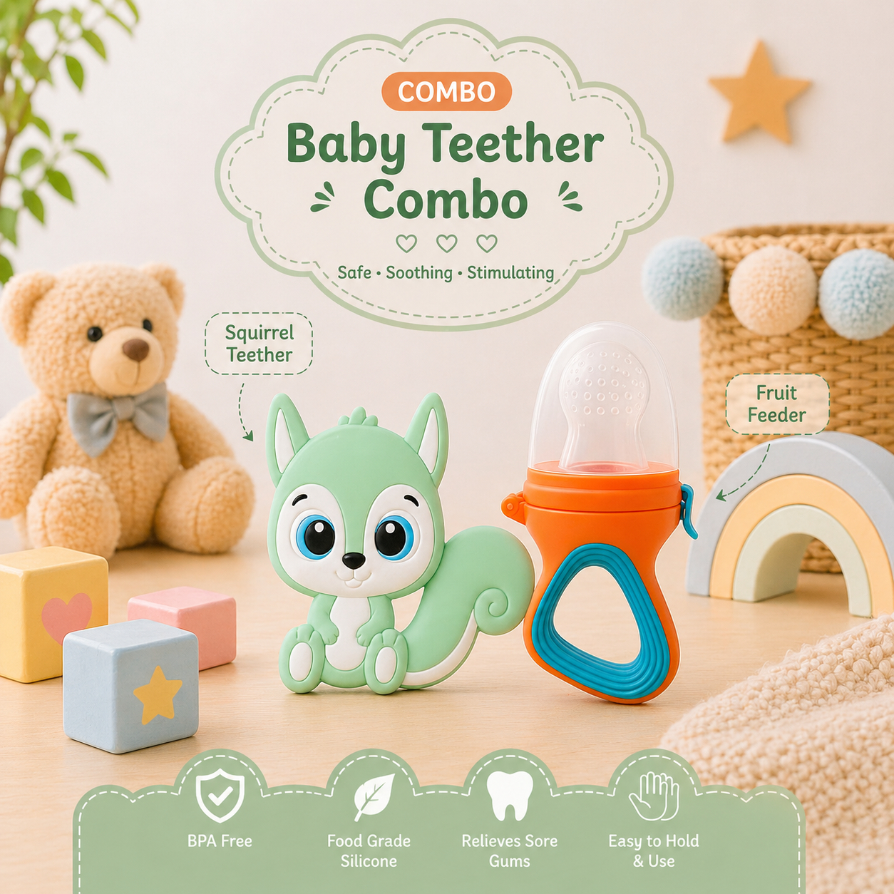 22607253a Sprout Kidz Squirrel Teether & LoveL Fruit Feeder Blue Orange Combo BPA-Free Silicone - Image 1