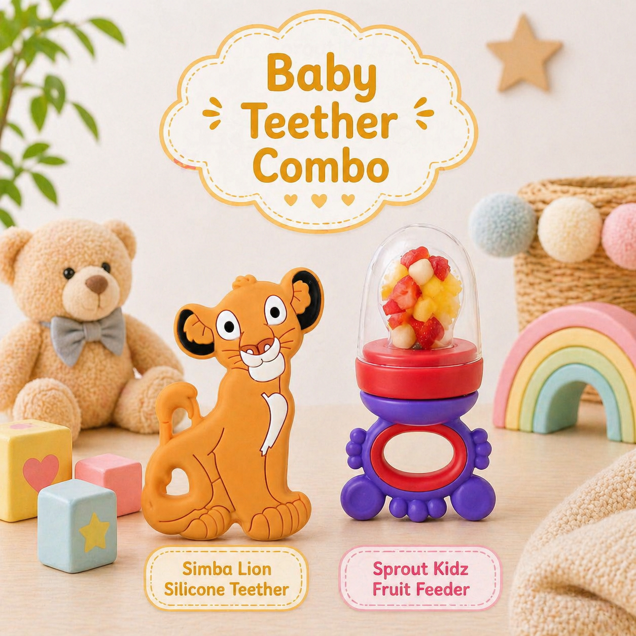 22607255a Sprout Kidz Simba Teether & Frog Fruit Feeder Purple Red Combo BPA-Free Silicone - Image 1