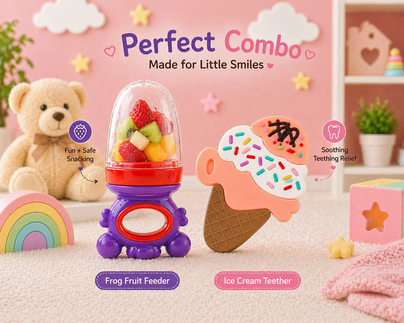 22607266a Sprout Kidz Ice Cream Teether & Frog Fruit Feeder Purple Red Combo BPA-Free Silicone - Image 1