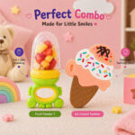 Sprout Kidz Ice Cream Teether & Frog Fruit Feeder Green Yellow Combo BPA-Free Silicone