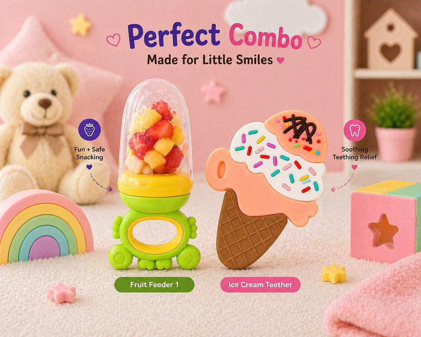 22607269a Sprout Kidz Ice Cream Teether & Frog Fruit Feeder Green Yellow Combo BPA-Free Silicone - Image 1