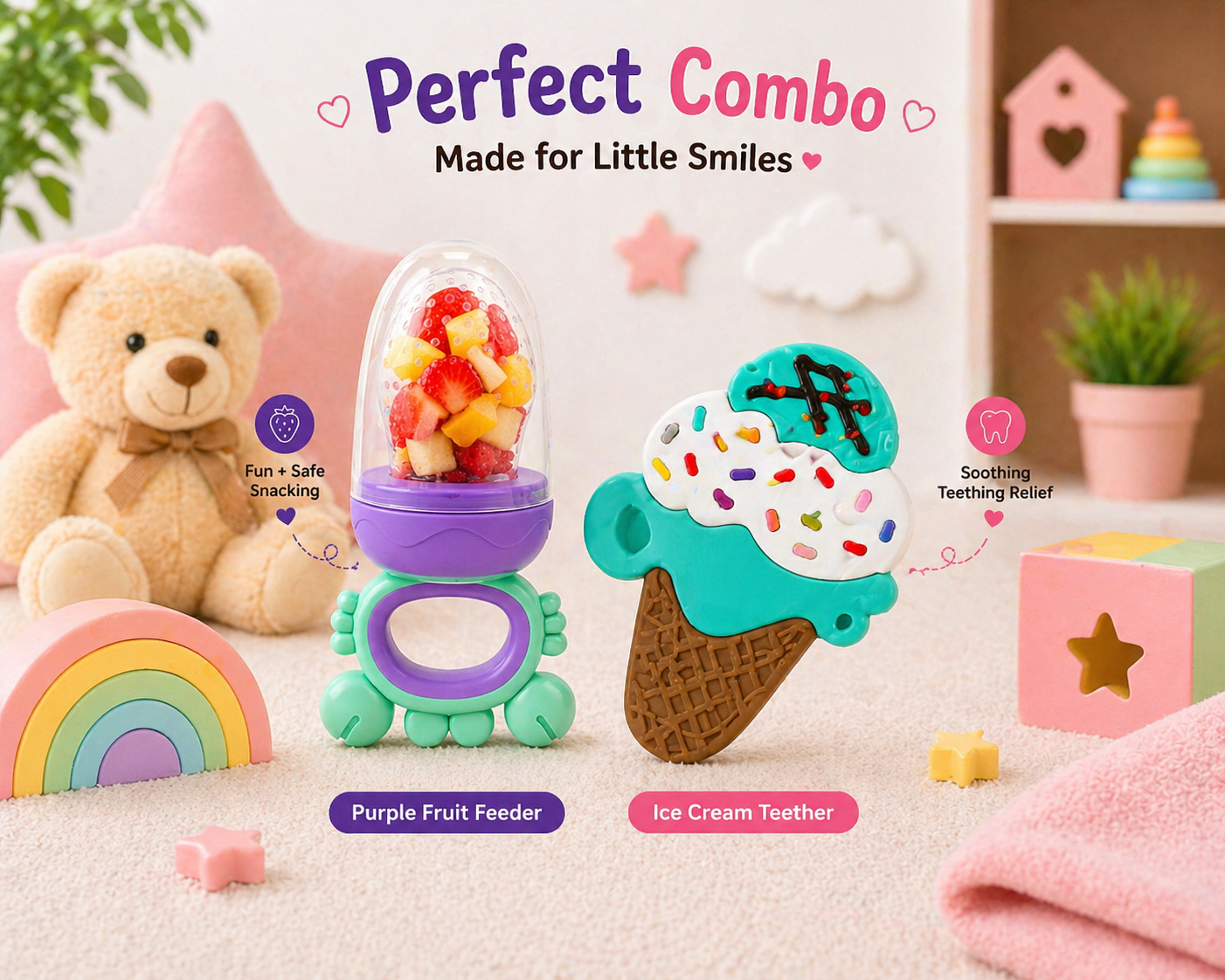 22607271a Sprout Kidz Ice Cream Teether & Frog Fruit Feeder Purple Teal Combo BPA-Free Silicone - Image 1