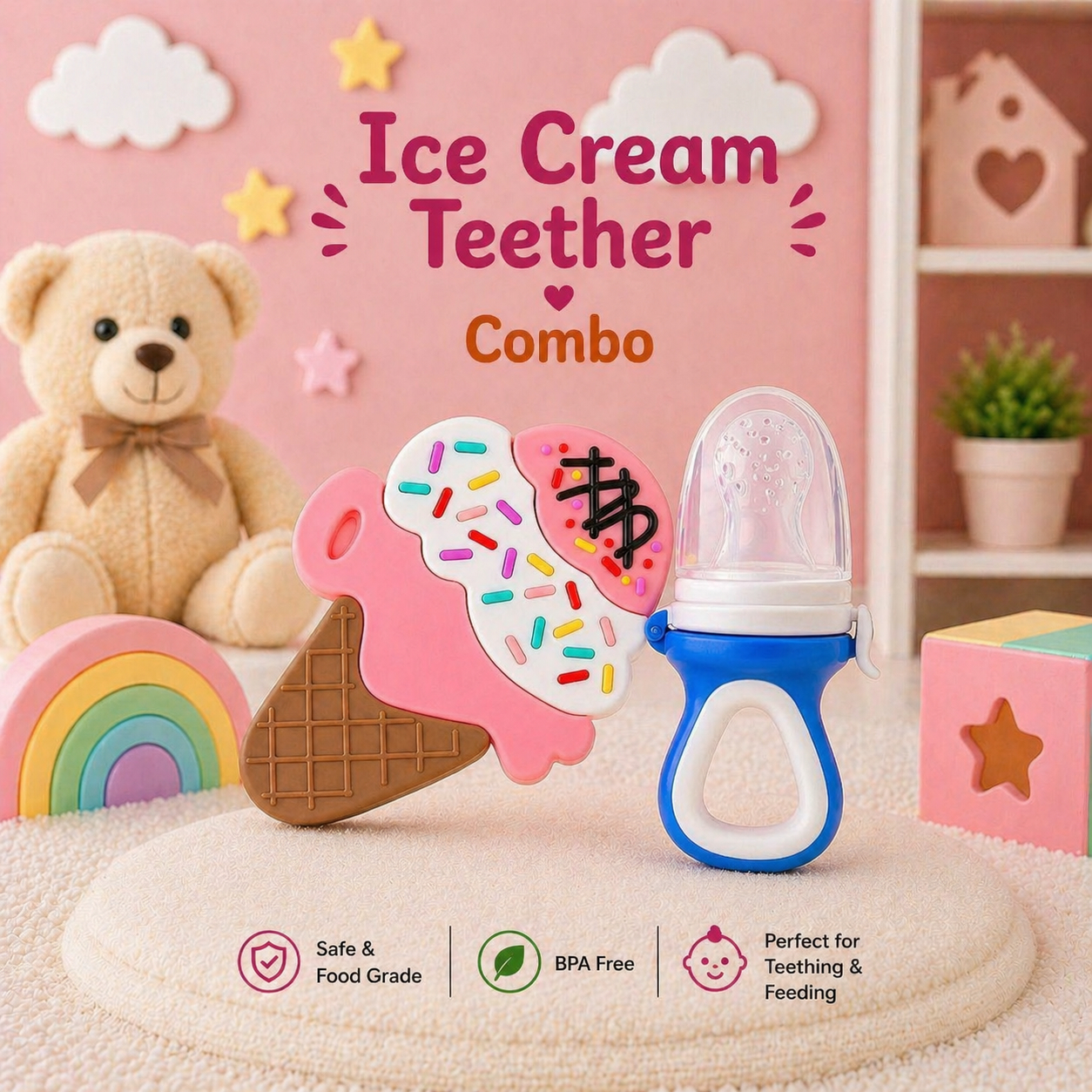 22607273a Sprout Kidz Ice Cream Teether & LoveL Fruit Feeder Blue White Combo BPA-Free Silicone - Image 1