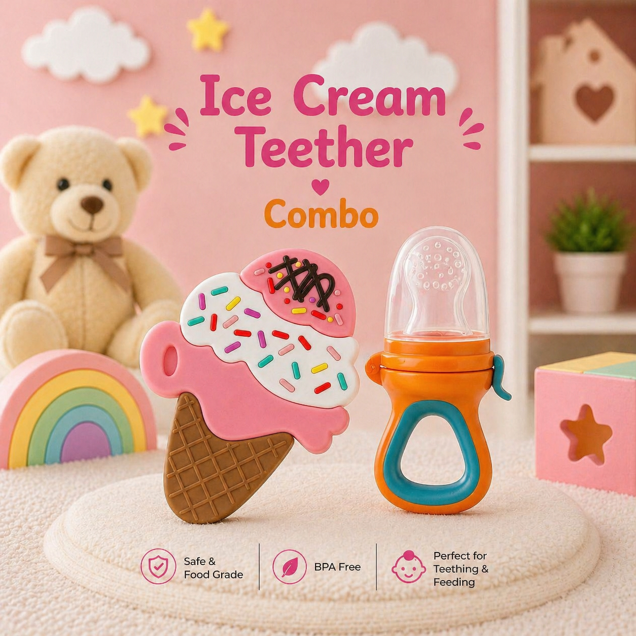 22607281a Sprout Kidz Ice Cream Teether & LoveL Fruit Feeder Blue Orange Combo BPA-Free Silicone - Image 1