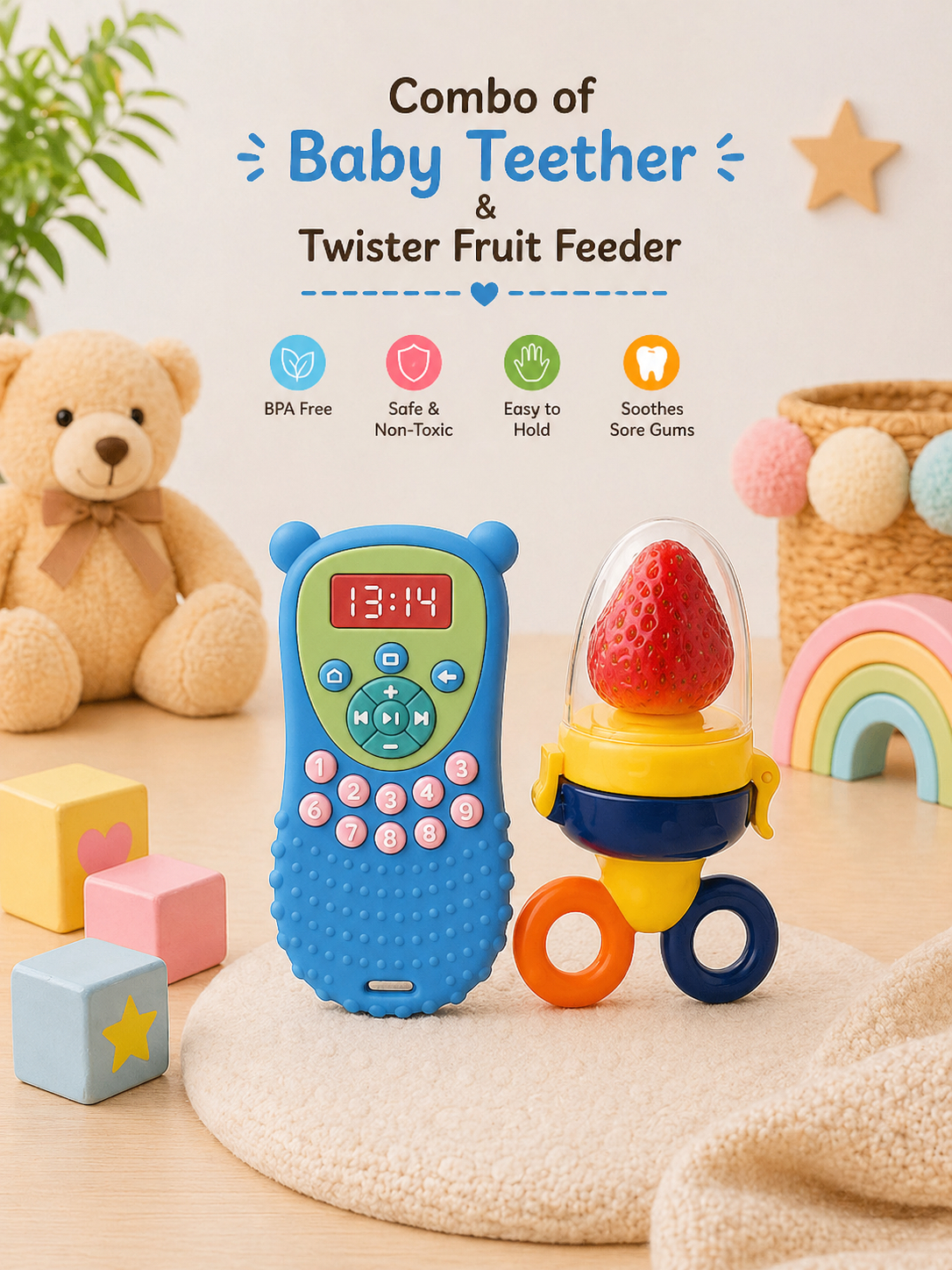 22607285a Sprout Kidz Remote Teether & Twister Fruit Feeder Combo BPA-Free Silicone - Image 1