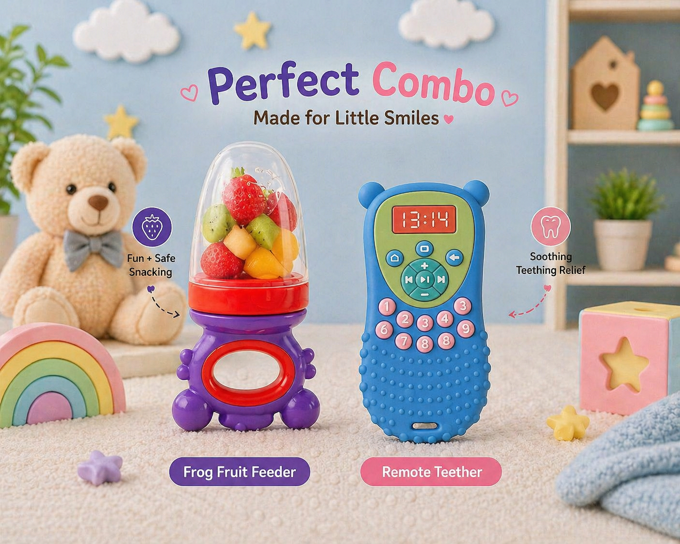 22607289a Sprout Kidz Remote Teether & Frog Fruit Feeder Purple Red Combo BPA-Free Silicone - Image 1