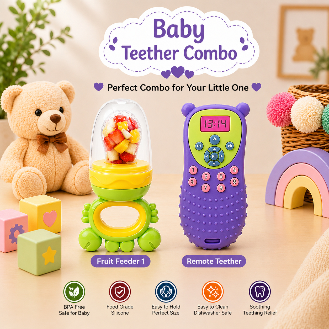 22607291a Sprout Kidz Remote Teether & Frog Fruit Feeder Green Yellow Combo BPA-Free Silicone - Image 1