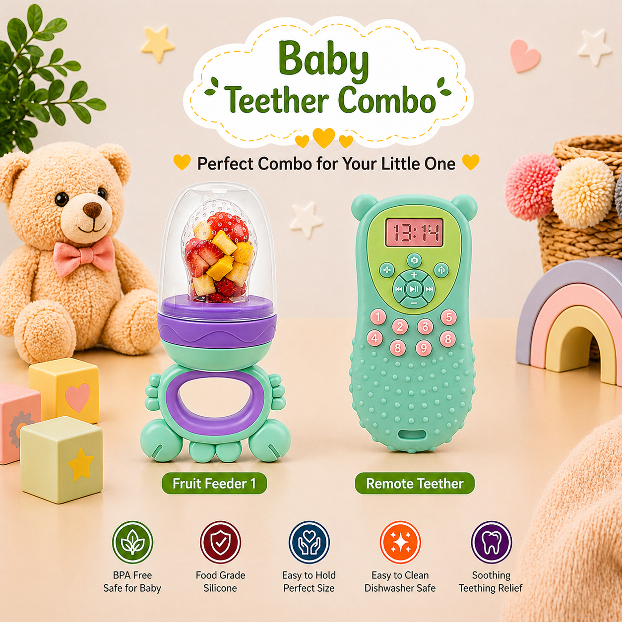 22607296a Sprout Kidz Remote Teether & Frog Fruit Feeder Purple Teal Combo BPA-Free Silicone - Image 1