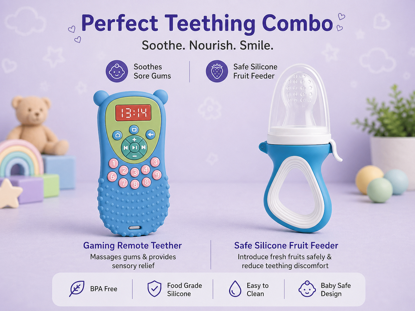 22607301a Sprout Kidz Remote Teether & LoveL Fruit Feeder Blue White Combo BPA-Free Silicone - Image 1